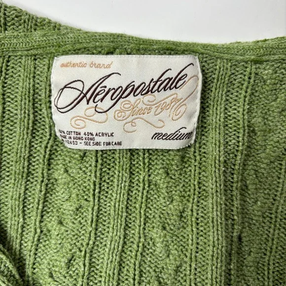 Aeropostale Green Cable Knit Hoodie Cropped Button Sweater M VTG Y2K Grunge SEE - Picture 5 of 7